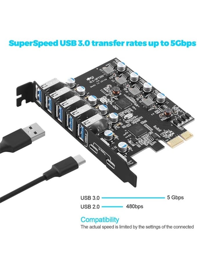 PCI-E to USB 3.0 Expansion Card with 7 Ports – 2 USB-C and 5 USB-A, Internal USB Hub for Desktop PC - Image 3